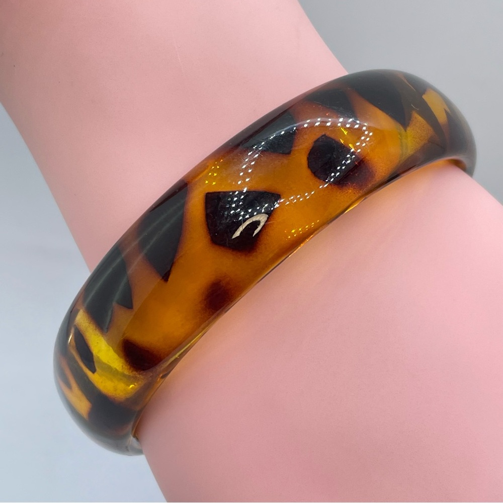 Vintage Faux Tortoiseshell Lucite Bangle Bracelet Chunky Brown Amber Statement
